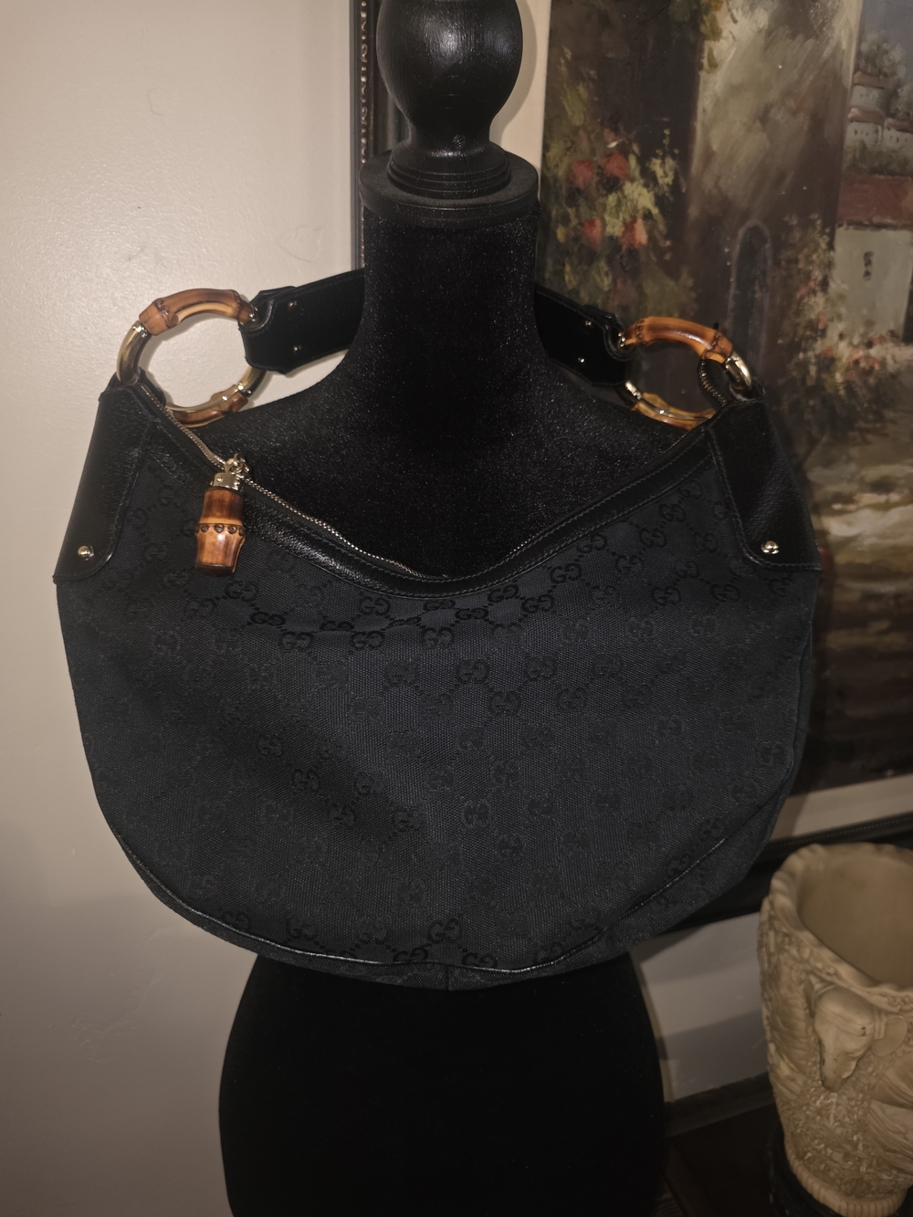 Gucci Black Bamboo Handle Hobo Bag